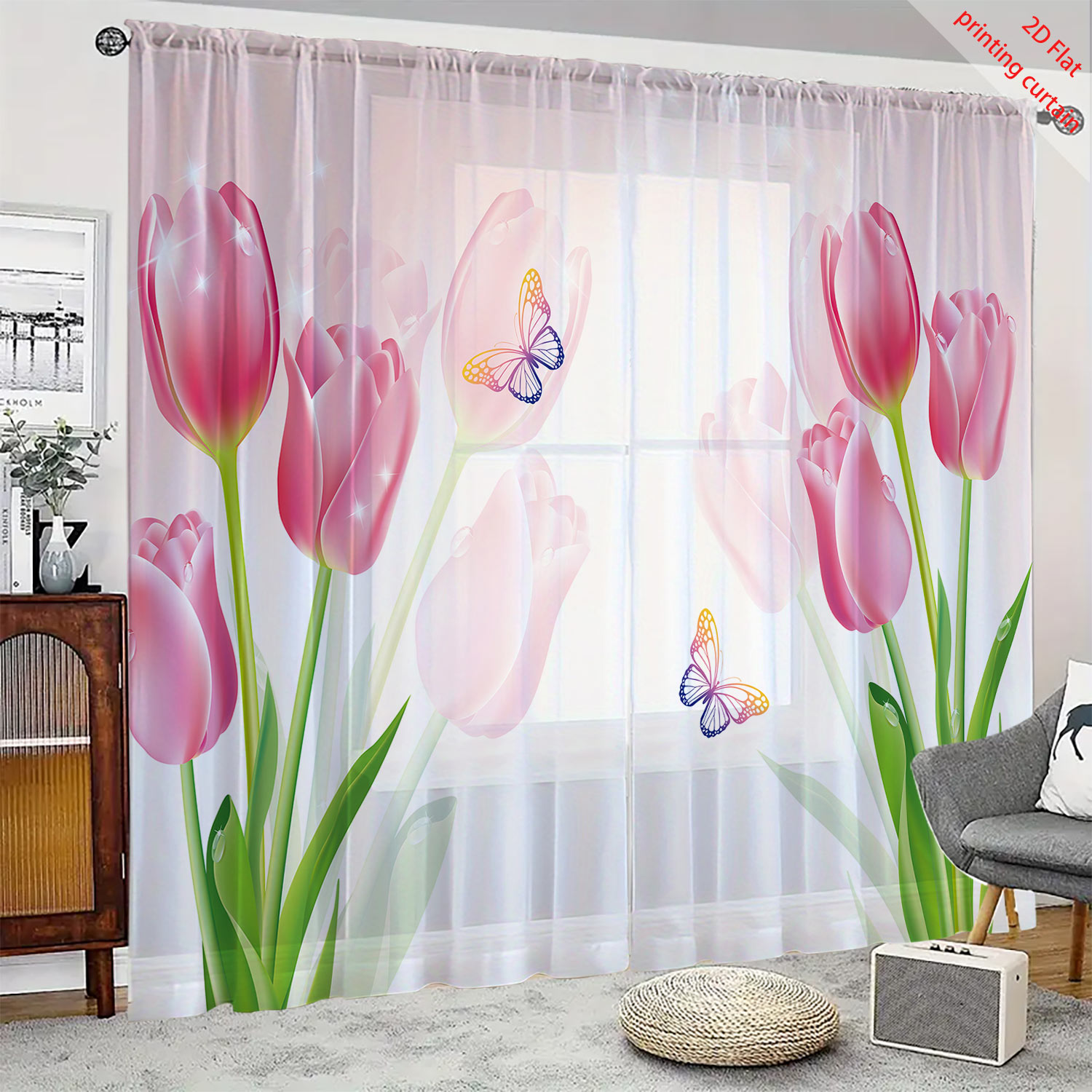 Home Decor Tulip - Przezroczysta zasłona z gazy z nadrukiem