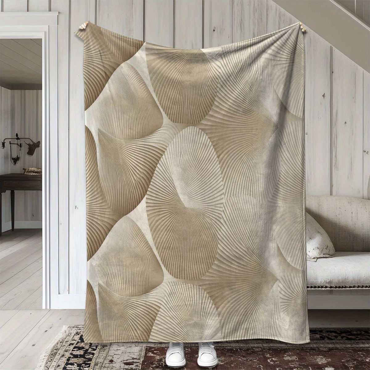 Neutral Throw Blanket - Nowoczesny Abstrakcyjny Wzór Wachlarza Geometryczny Koc