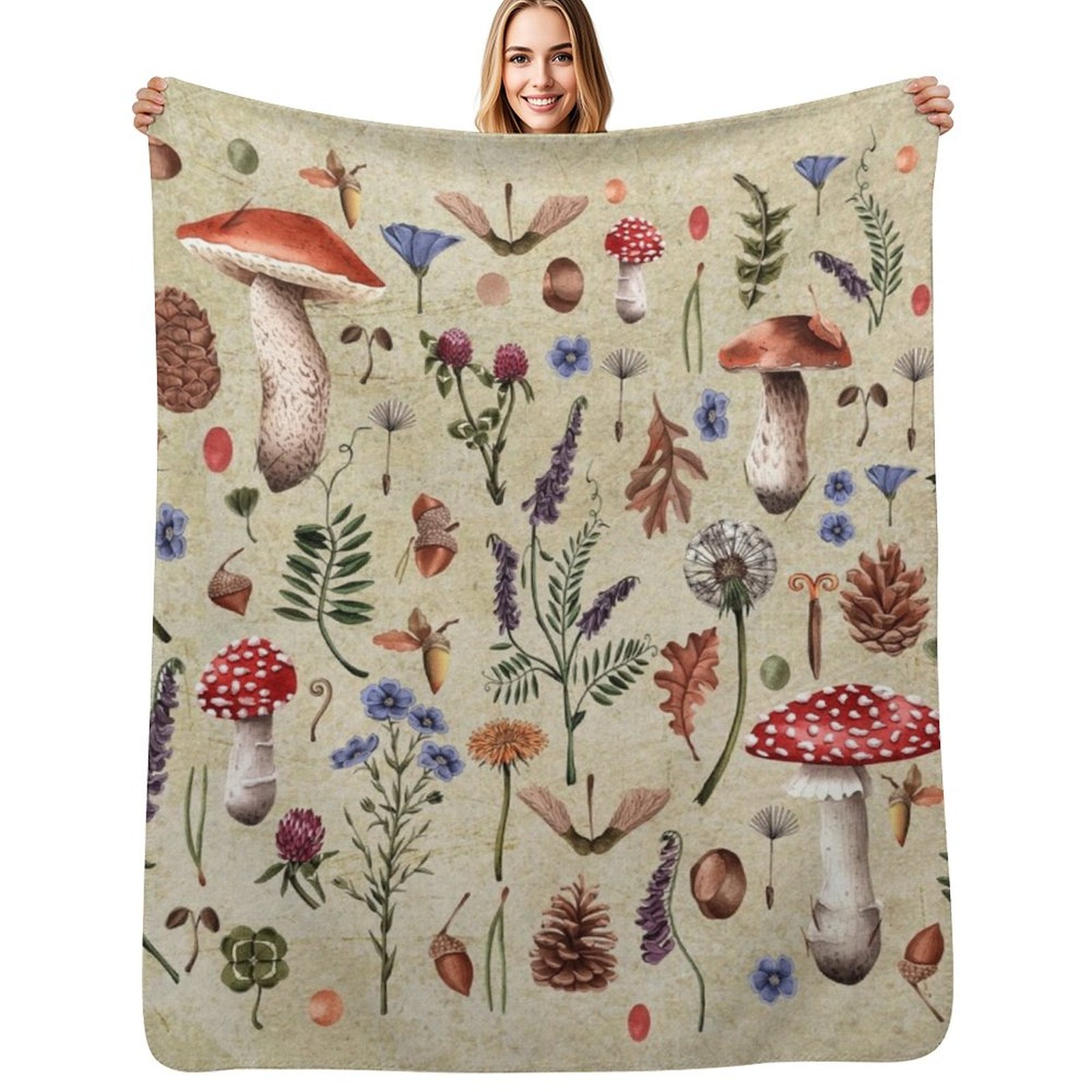 Neutral Throw Blanket - Retro grzyby botaniczne, dzikie kwiaty d?