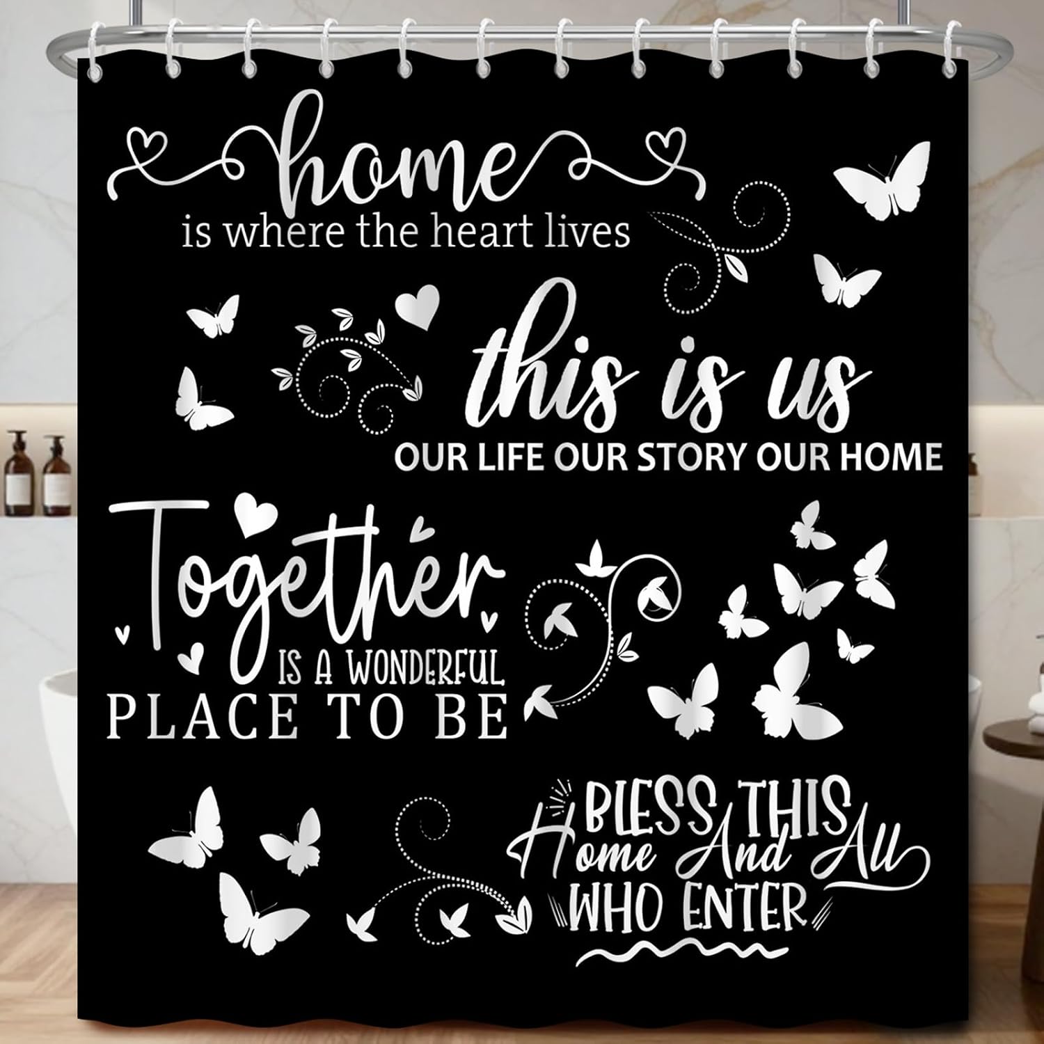 Home Decor Quotes Ideas - Czarna zasłona prysznicowa z cytatem w