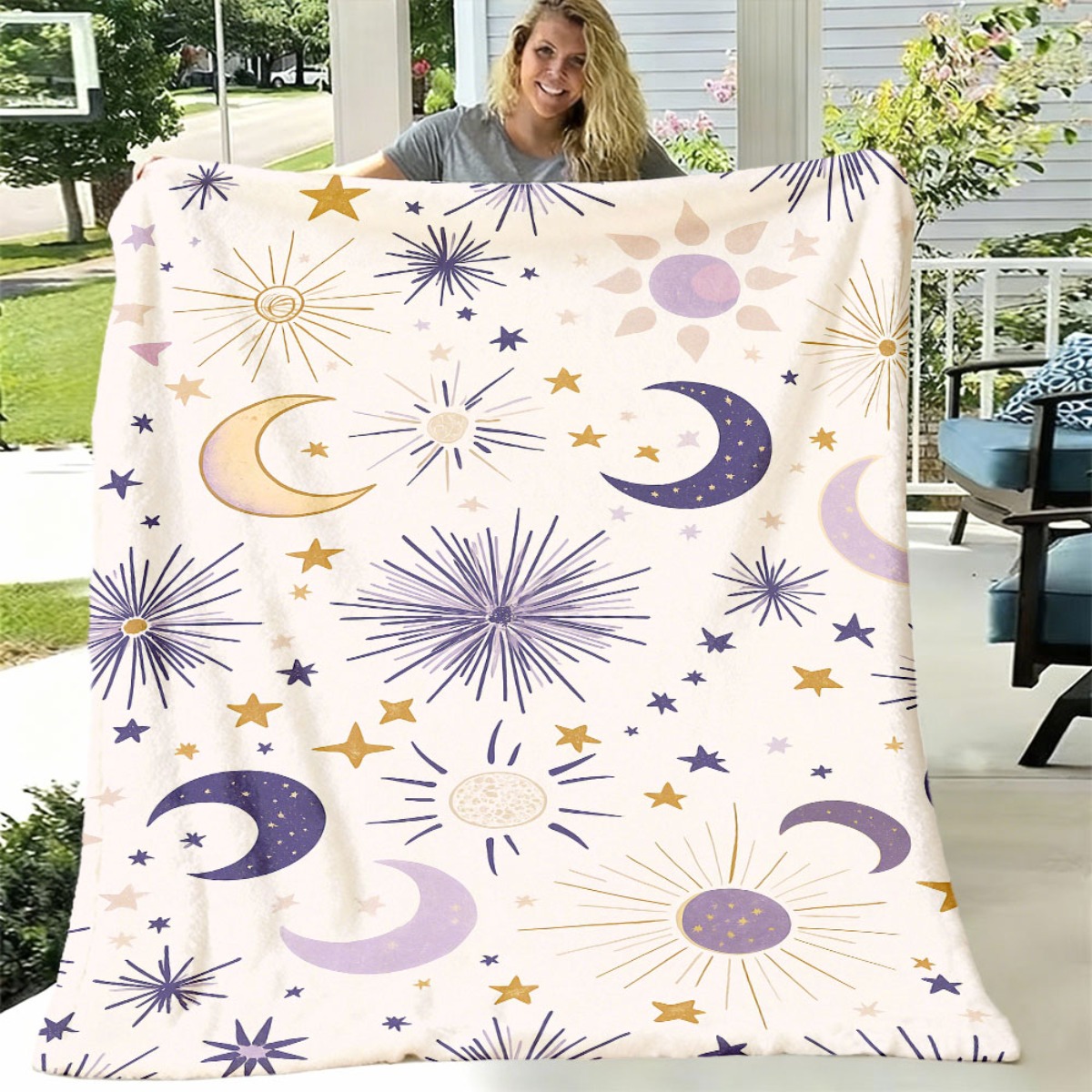 Neutral Throw Blanket - Koc z nadrukiem księżyca, słońca, gwiazd,
